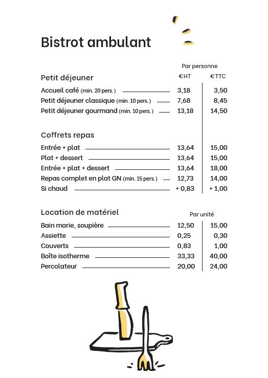 Tarifs bistrot ambulant menu