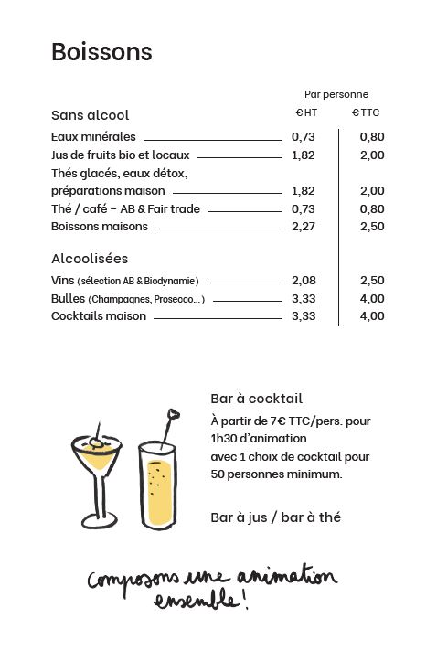 Tarifs boissons menu