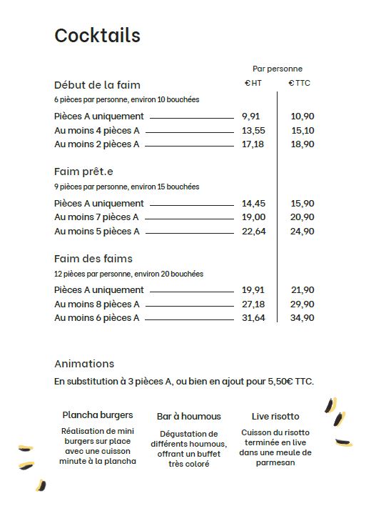 Tarifs cocktails et événements